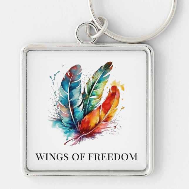 Spirit Feathers: Vibrant Watercolor Art Keychain (Front)