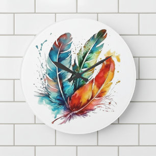Spirit Feathers: Vibrant Watercolor Art Large Clock