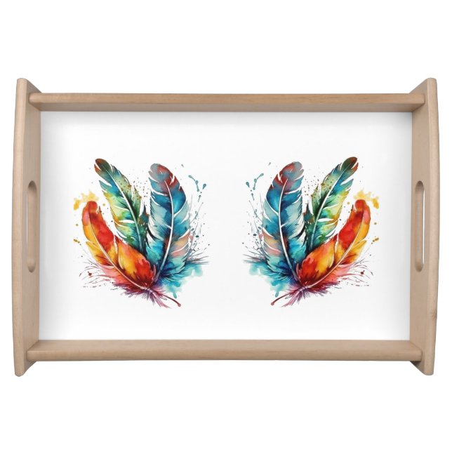 Spirit Feathers: Vibrant Watercolor Art Serving Tray (Front)