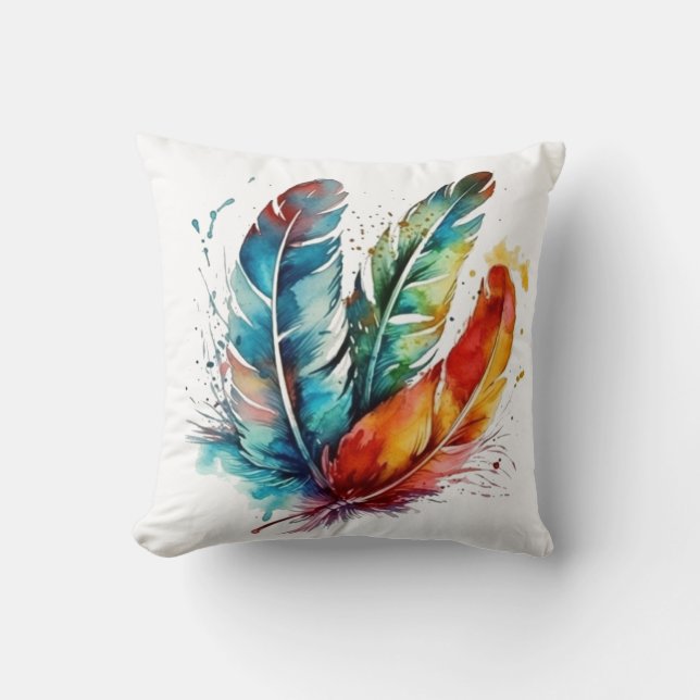 Spirit Feathers: Vibrant Watercolor Art Throw Pillow (Front)
