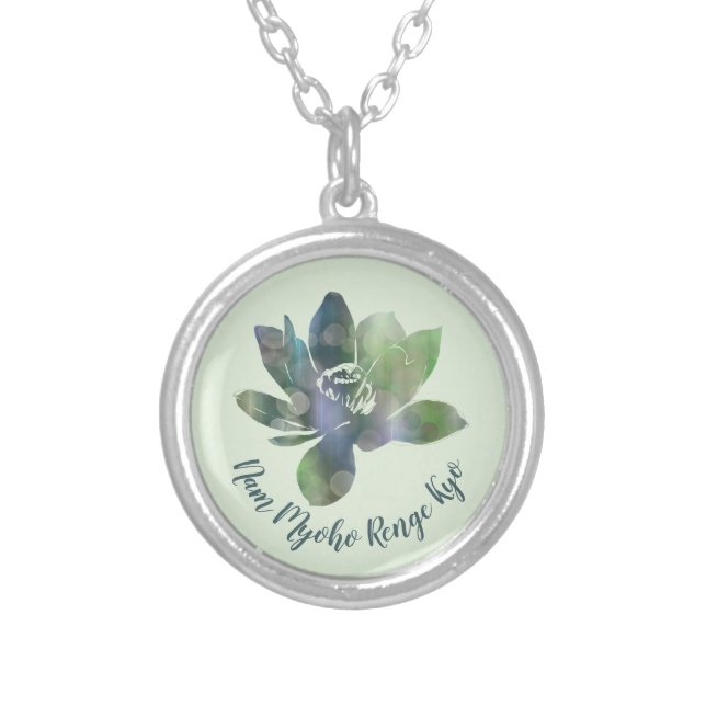 Spirit Green Circle Lotus Flower Nam Myoho Renge Silver Plated Necklace (Front)