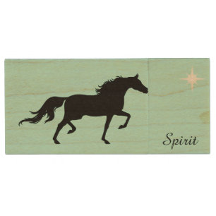 Spirit horse, star, and calligraphy on light blue wood flash drive