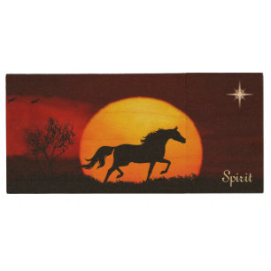 Spirit horse, star, calligraphy & sunrise wood flash drive