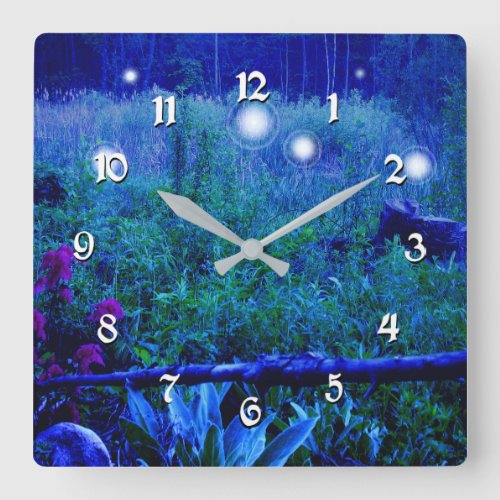 Spirit Lights Blue Night Marsh Meadow Will o Wisp Square Wall Clock