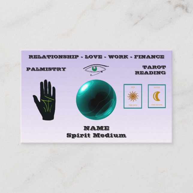 Spirit Medium, Green Crystal Ball, Palmistry,Tarot Business Card (Front)