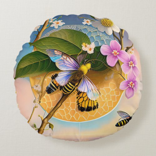 Spirit Nature Honey Bees Flowers Soothing  Round Pillow