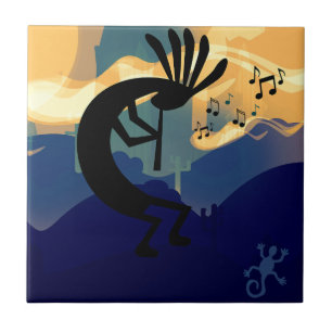 Spirit of Kokopelli Desert Landscape Teal Music Ceramic Tile