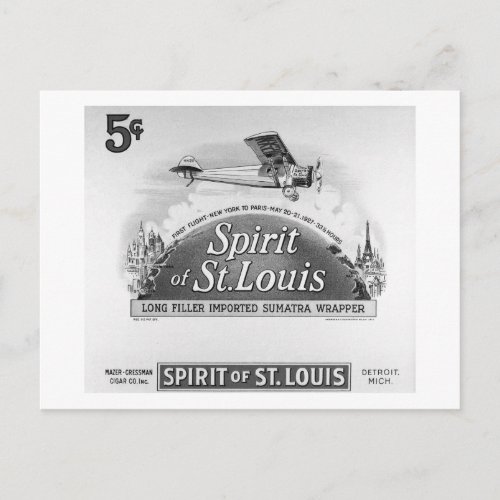 Spirit of St Louis Vintage Cigar Box Label Postcard