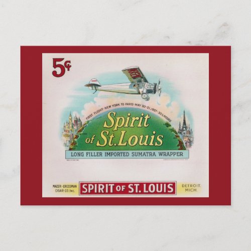 Spirit of St Louis Vintage Cigar Label Retro Postcard
