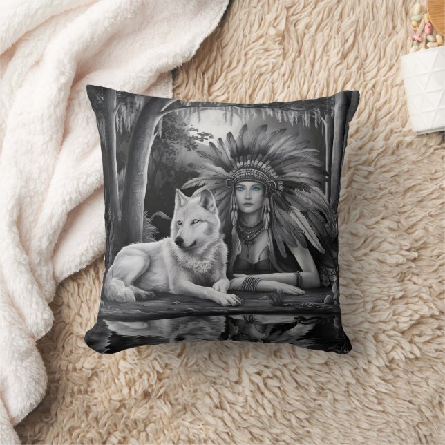 Spirit of the Wild: Indian Woman and Wolf Throw Pillow (Blanket)