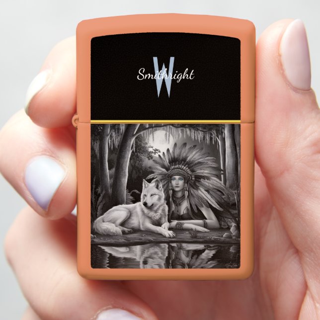 Spirit of the Wild: Indian Woman and Wolf Zippo Lighter (In Hand)
