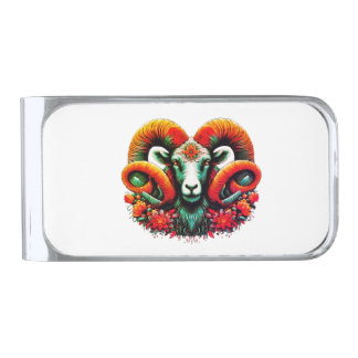 Spirit Ram – Floral Horns & Earth Wisdom Silver Finish Money Clip