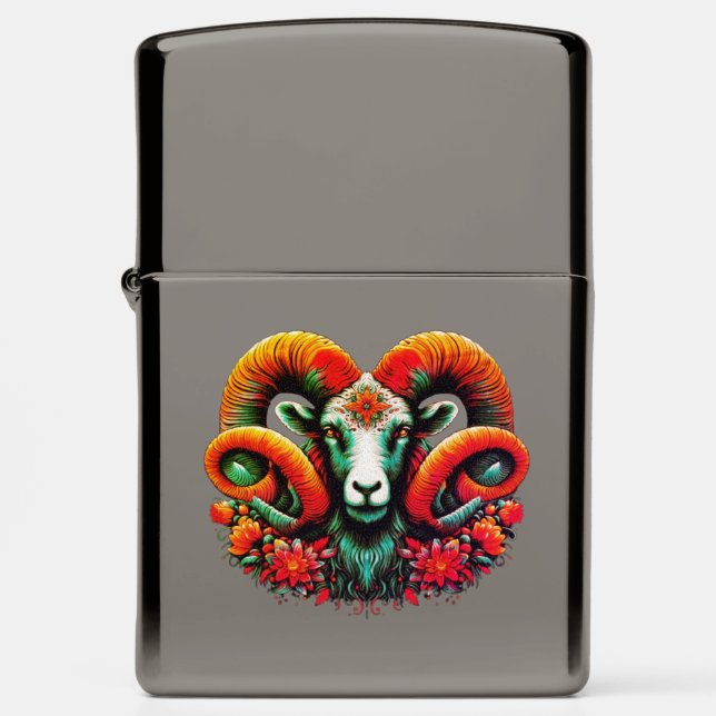 Spirit Ram – Floral Horns & Earth Wisdom Zippo Lighter (Front)