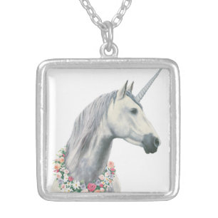 Spirit Unicorn with Flowers Around Neck Silver Plated Necklace