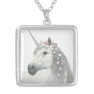 Spirit Unicorn with Flowers in Mane Silver Plated Necklace