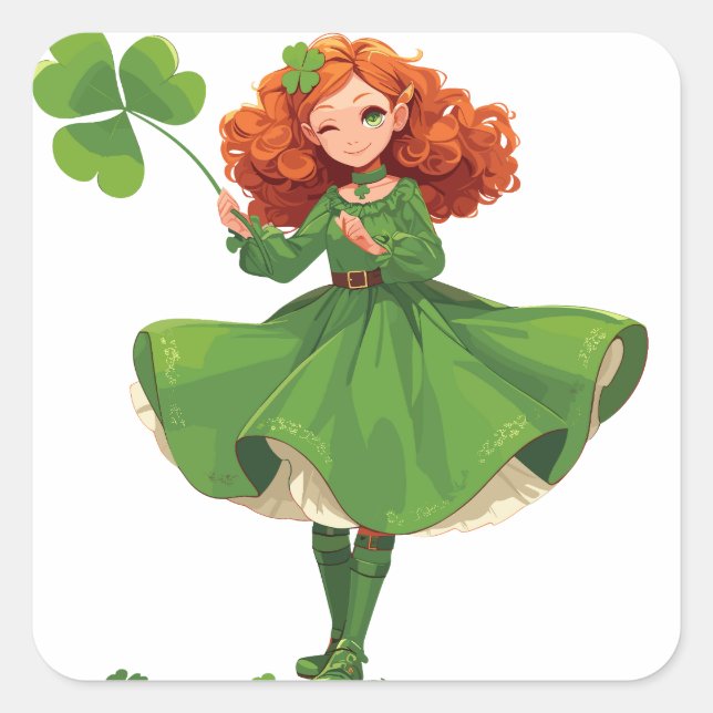 Spirited Girl Holding a Giant Clover Square Sticker (Front)