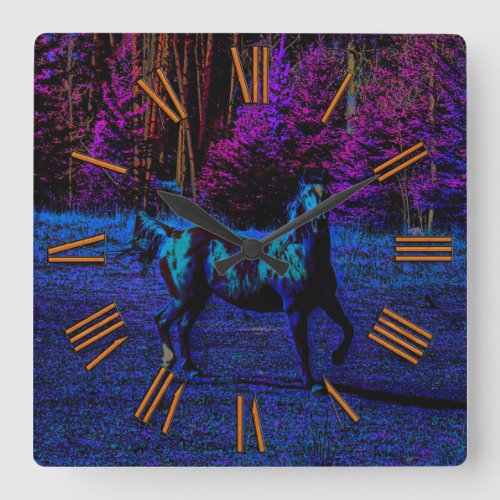 Spirited Horse in a Midnight Field Equine Art Square Wall Clock