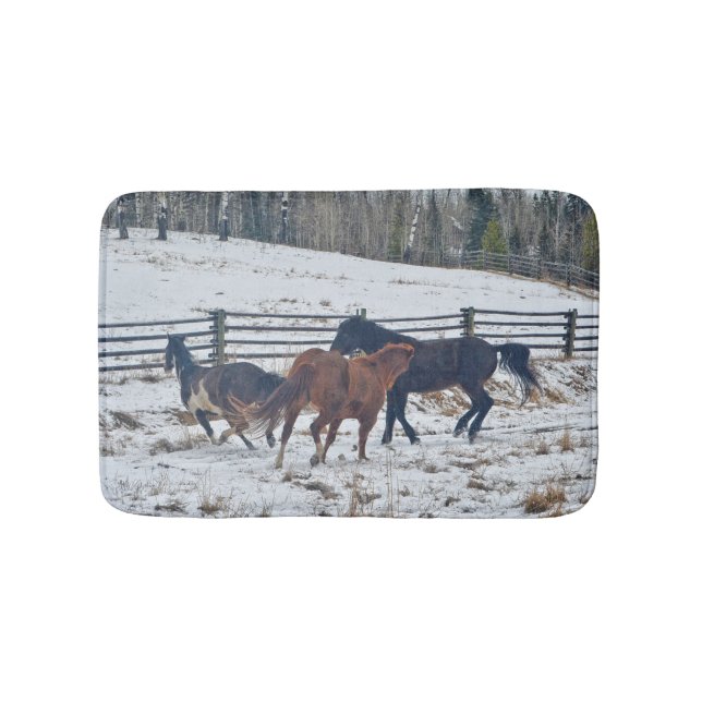 Spirited Pinto and Quarter Horses in Winter Snow Bathroom Mat (Front)