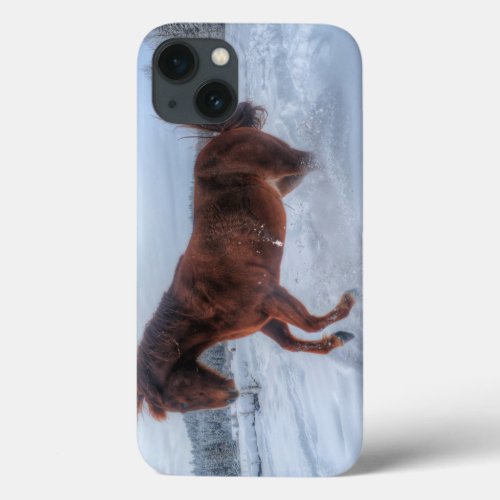 Spirited Sorrel Horse Rearing Up in Winter Snow iPhone 13 Case