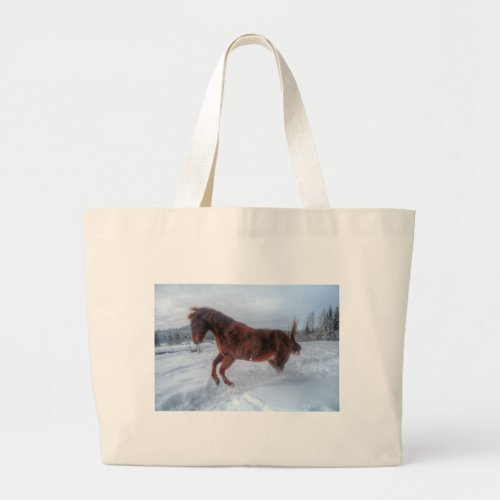 Spirited Sorrel Horse Rearing Up in Winter Snow Large Tote Bag