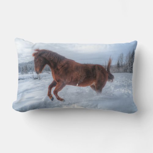 Spirited Sorrel Horse Rearing Up in Winter Snow Lumbar Pillow