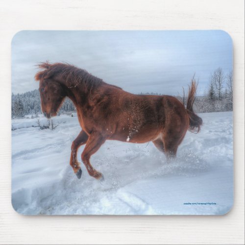 Spirited Sorrel Horse Rearing Up in Winter Snow Mouse Pad