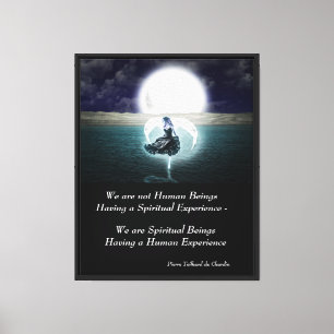 Spiritual Beings Quote with Angel and Full Moon Canvas Print