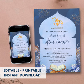 Spiritual Blue Watercolor Iftar & Quran Invitation