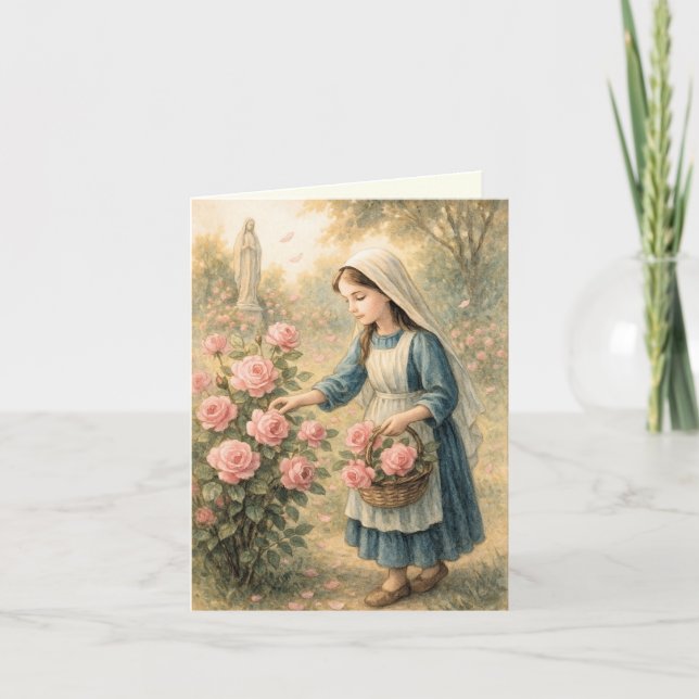 Spiritual Bouquet Pink Roses Catholic Marian Card (Front)