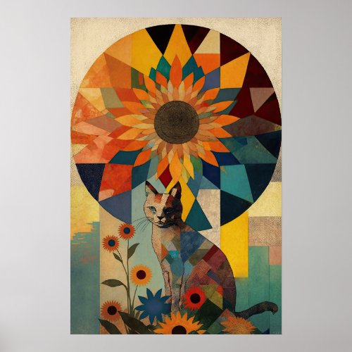 Spiritual Cat in Geometric Sunflower Abstraction  Poster