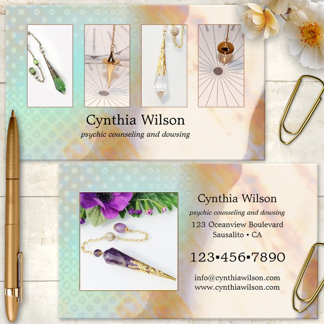 Spiritual Counselor Dowsing Pendulum Photo Business Card (Artistic dowsing or pendulum psychic counselor photo business card)