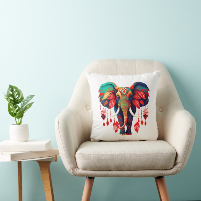 Spiritual Elephant with Red Feathers Throw Pillow (Chair)