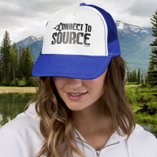 Spiritual Encouragement Gift Connect to Source Trucker Hat (Woman in White and Royal Trucker Hat with Spiritual message "Connect to Source" with nature behind)