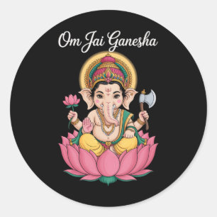 Spiritual Ganesha Lotus Illustration Om Jai Saying Classic Round Sticker