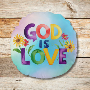 Spiritual God is Love blue yellow Daisy flowers Mo Round Pillow