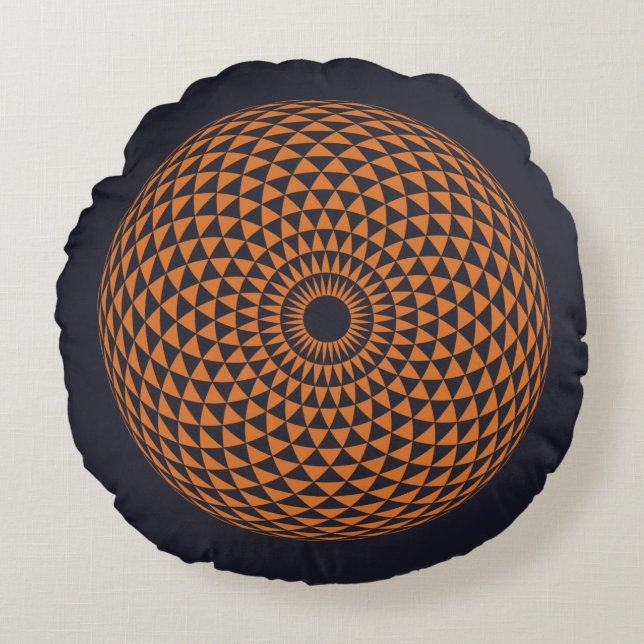 Spiritual Grey Orange Mandala Geometric Oriental Round Pillow (Front)