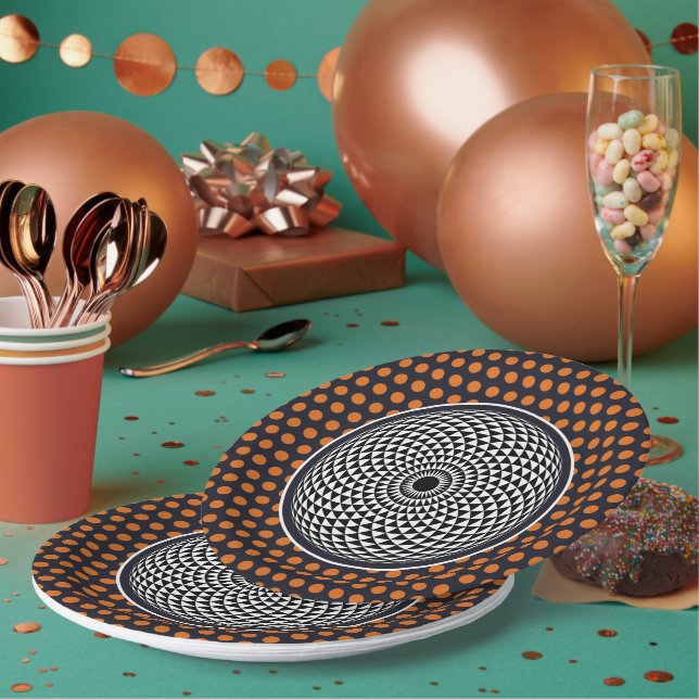 Spiritual Grey Orange White Mandala Geometric Art Paper Plates (Multi)