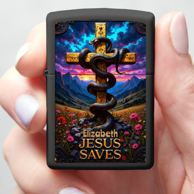 Spiritual Keepsake: Cross of Redemption Sunset Zippo Lighter (In Hand)