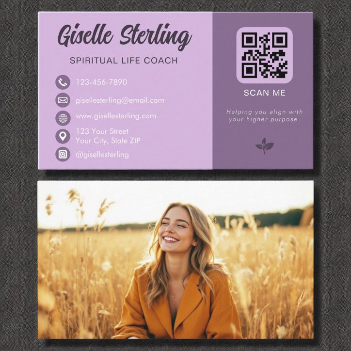 Spiritual Life Coach Lavender QR Code Photo Business Card