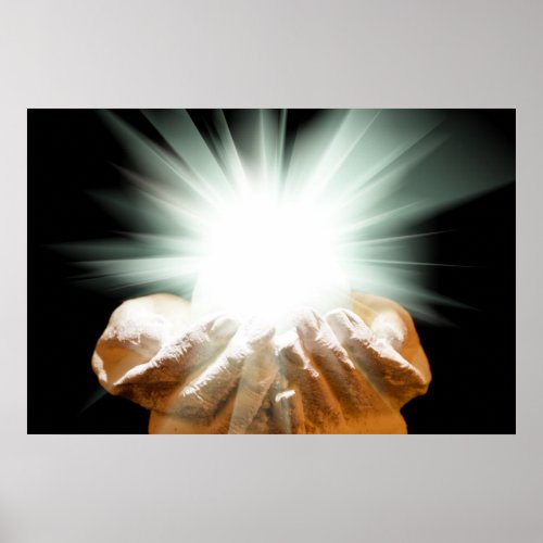 Spiritual light in cupped hands poster