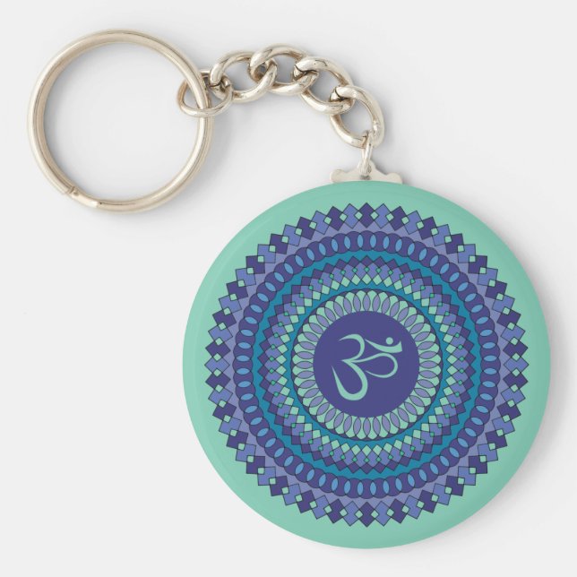 Spiritual Mandala Om Purple Aqua Blue Kaleidoscope Keychain (Front)