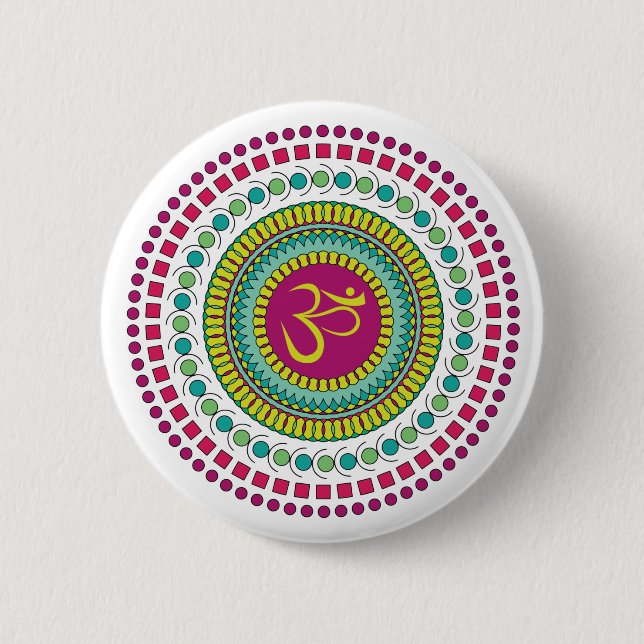 Spiritual Mandala Om Symbol Pink Green Geometric Button (Front)