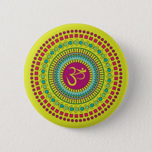 Spiritual Mandala Om Symbol Pink Green Geometric Button