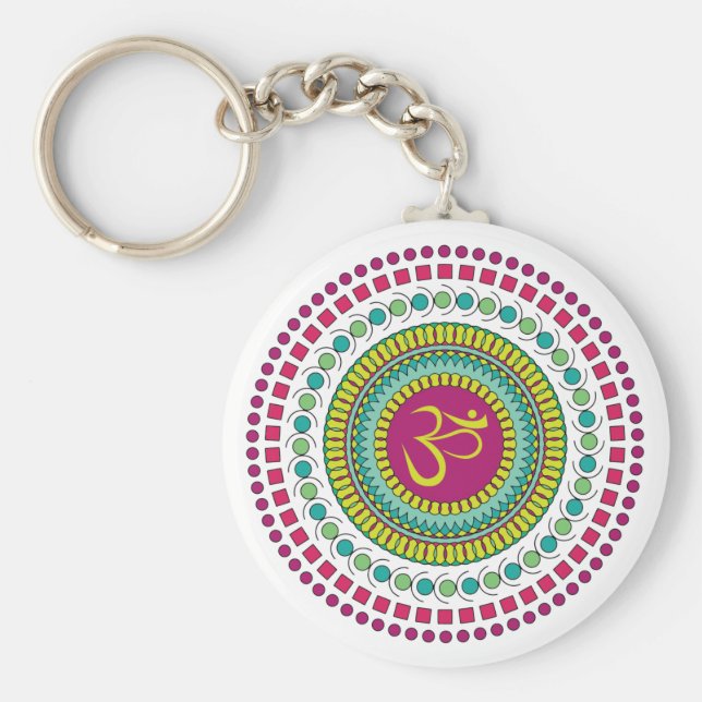 Spiritual Mandala Om Symbol Pink Green Geometric Keychain (Front)