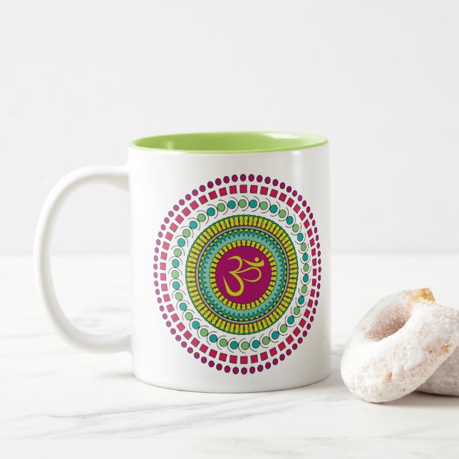 Spiritual Mandala Om Symbol Pink Green Geometric Two-Tone Coffee Mug (With Donut)