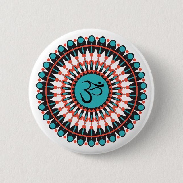 Spiritual Mandala Om Symbol Turquoise Geometric Button (Front)
