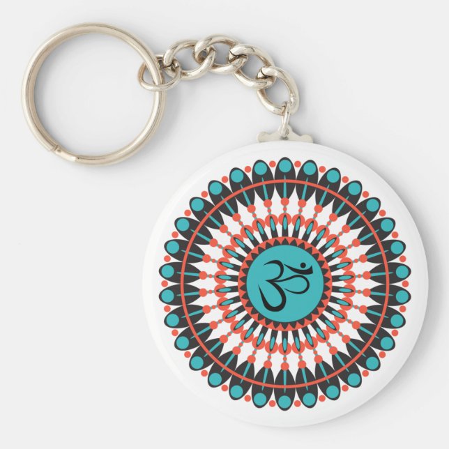 Spiritual Mandala Om Symbol Turquoise Geometric Keychain (Front)
