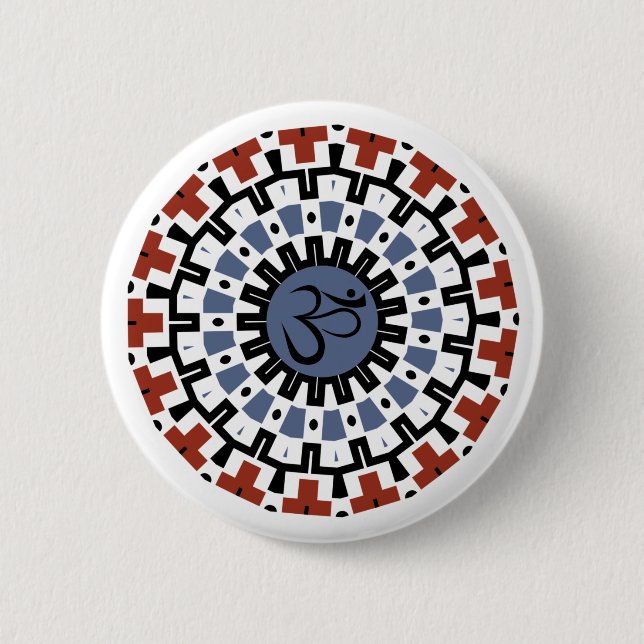 Spiritual Mandala Yoga Om Blue Rust Kaleidoscope Button (Front)