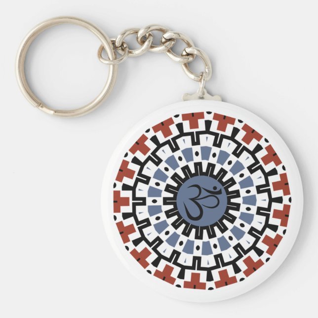 Spiritual Mandala Yoga Om Blue Rust Kaleidoscope Keychain (Front)