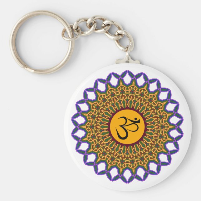 Spiritual Mandala Yoga Om Peacock Kaleidoscope Keychain (Front)